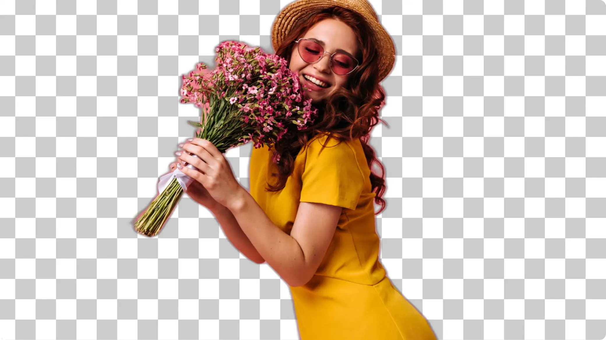Woman in yellow dress with flowers - background removed