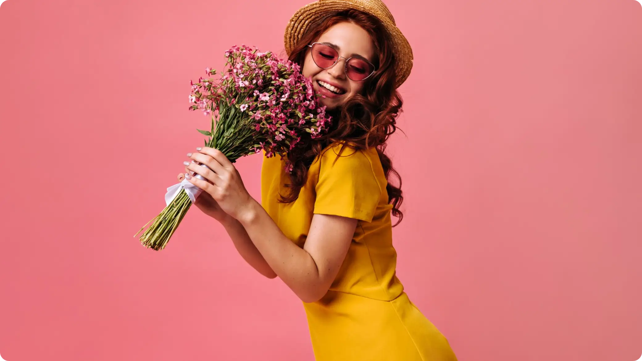 Woman in yellow dress with flowers - original with pink background