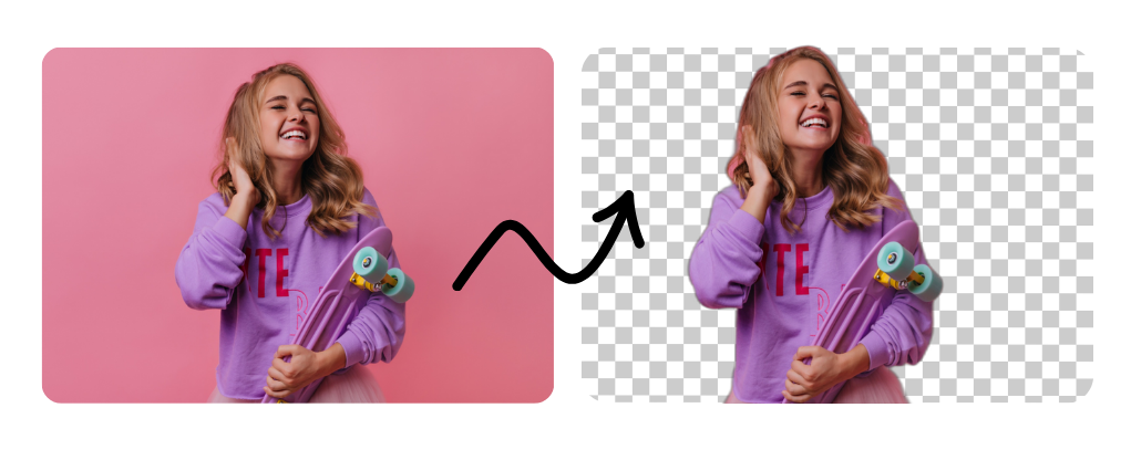 Before and after example - woman in purple hoodie with background removed